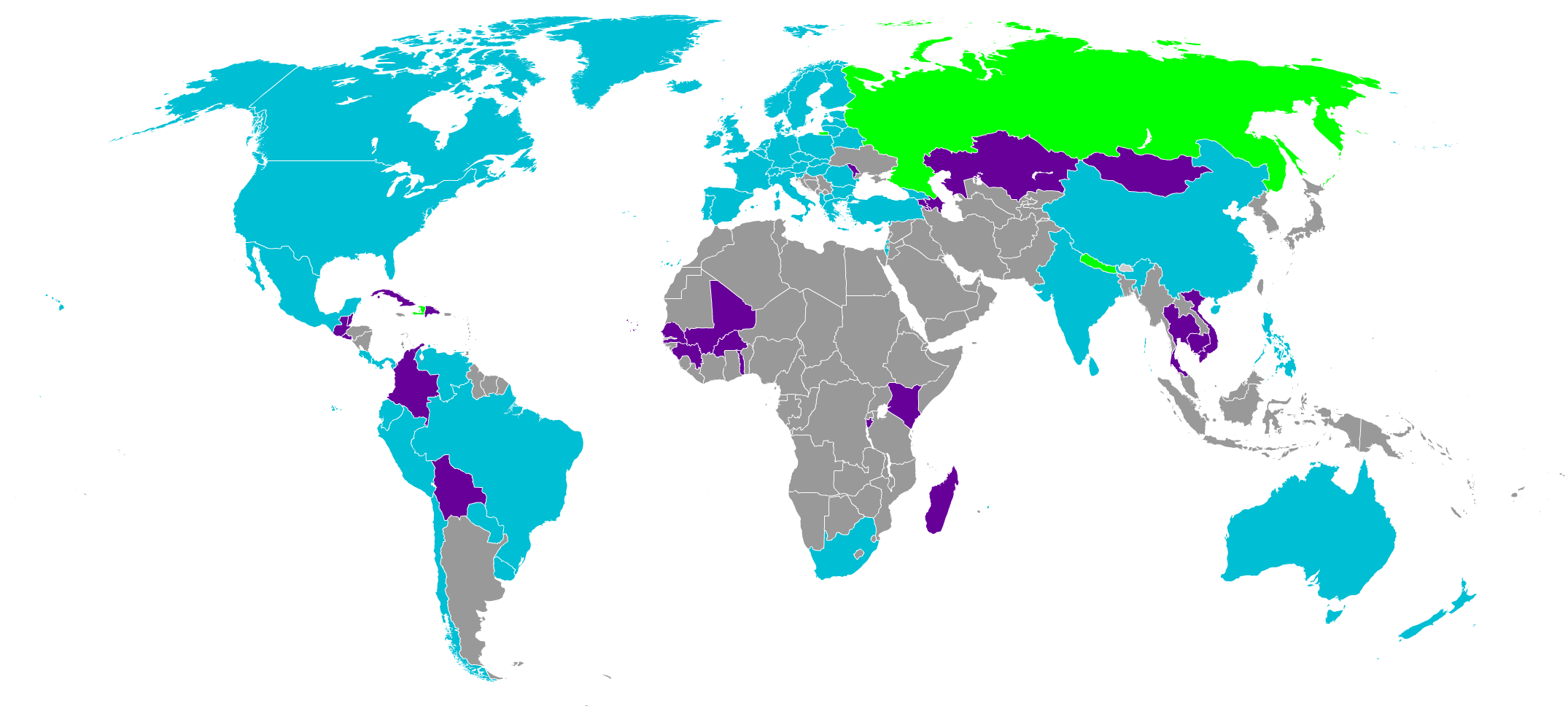 This is a map of the world with curtain countries highlighted