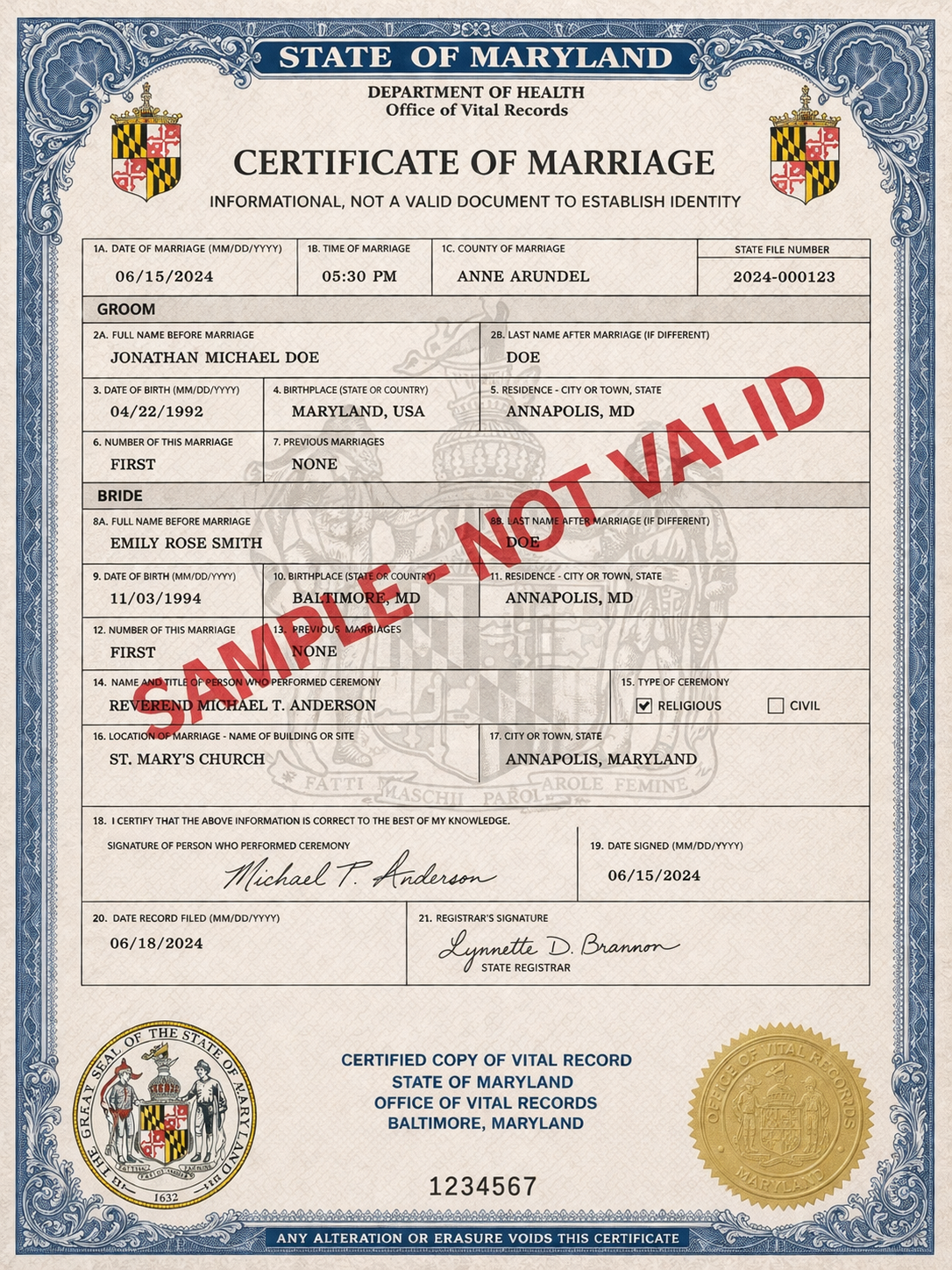 Maryland Marriage Cert