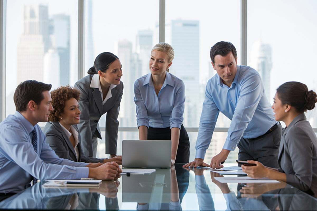 Business professionals reviewing official documents in a corporate meeting, representing the apostille process for business documents, international document authentication, legal compliance, and global business expansion.