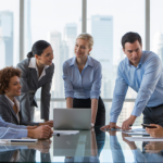Business professionals reviewing official documents in a corporate meeting, representing the apostille process for business documents, international document authentication, legal compliance, and global business expansion.