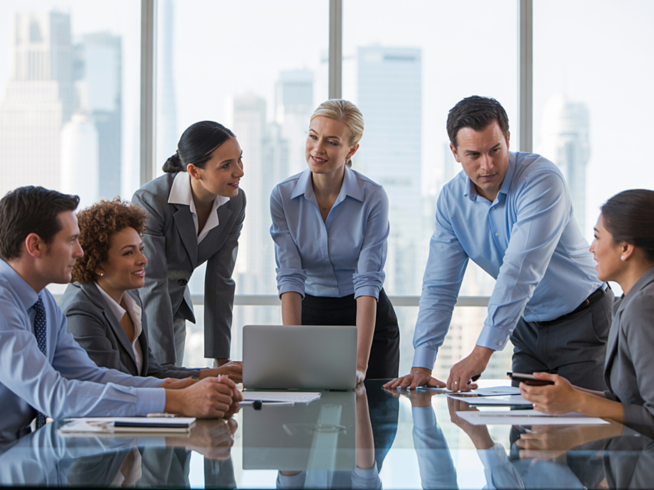 Business professionals reviewing official documents in a corporate meeting, representing the apostille process for business documents, international document authentication, legal compliance, and global business expansion.
