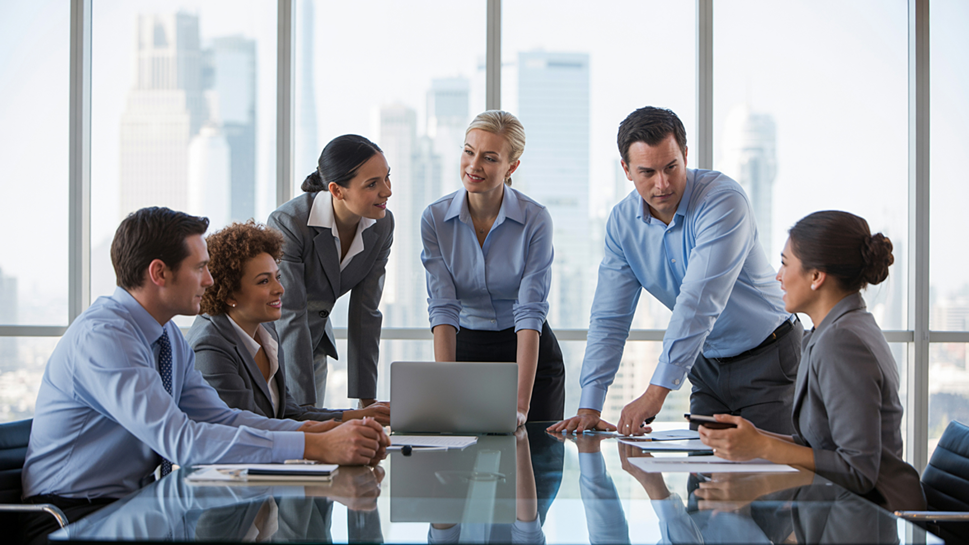 Business professionals reviewing official documents in a corporate meeting, representing the apostille process for business documents, international document authentication, legal compliance, and global business expansion.