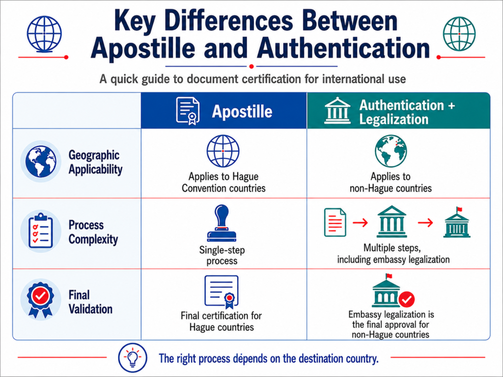 Comparison chart showing apostille vs authentication and embassy legalization processes for Hague and non-Hague countries.