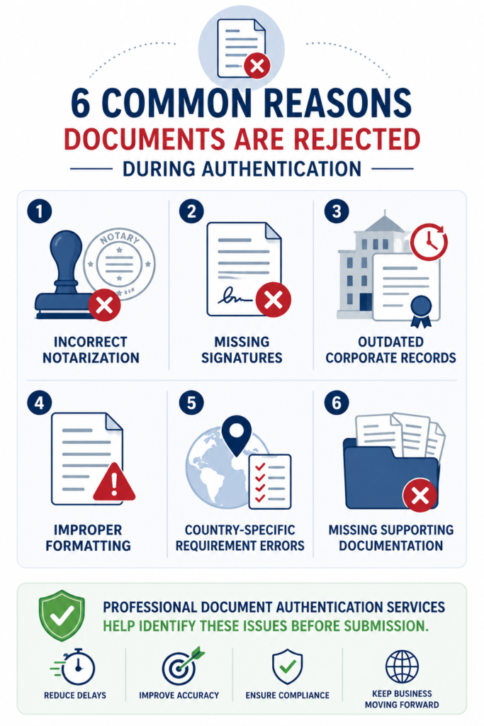 Infographic showing common reasons documents are rejected during authentication including missing signatures incorrect notarization and improper formatting