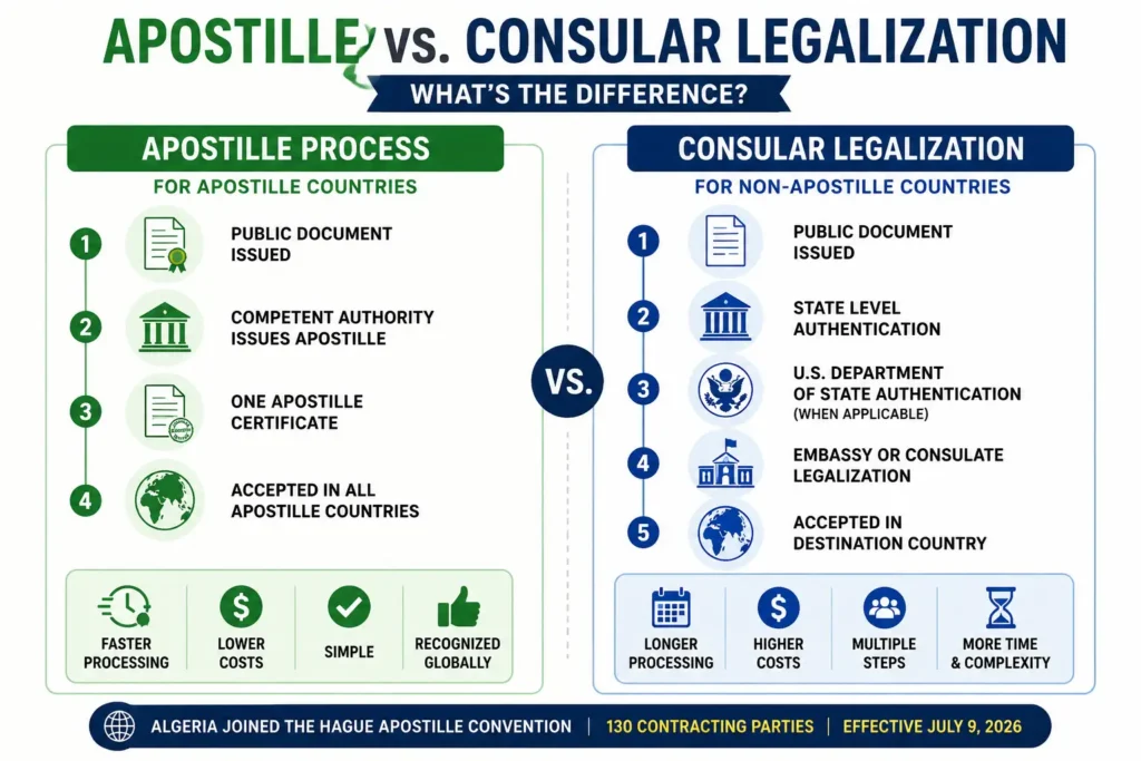 Infographic comparing the apostille process with consular legalization, including authentication steps, processing time, costs, and requirements for international documents.